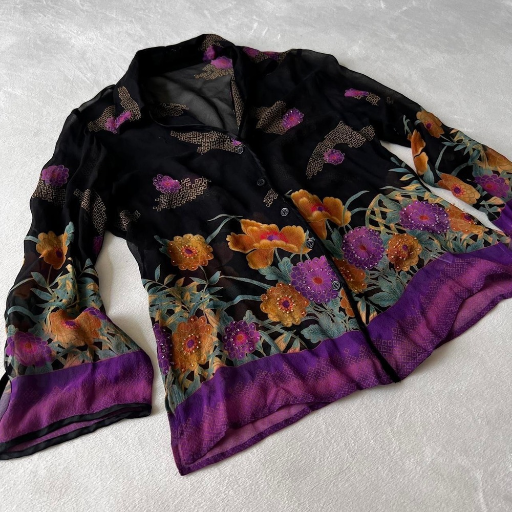 100% silk vintage chadwick's sheer floral button down blouse top black purple